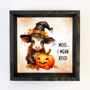 Cow Witch Pumpkin - Cute Baby Animal Fall Art - Framed Art