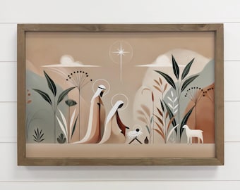 Plantas de presépio de Natal boho modernas - Arte em tela de presépio - Placa de madeira