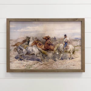 Western Wall Decor - Roping Cowboy Painting - Cowboy Canvas Art - Wood Framed Art