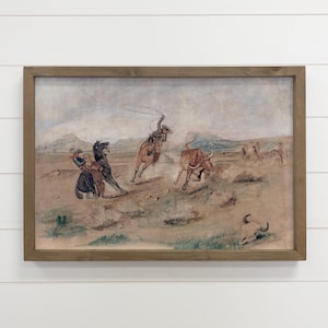 Cowboys Roping Bulls - Cowboy Leinwand Kunst - Holzgerahmte Kunst