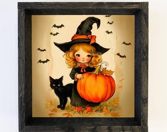 Lienzo vintage de bruja, calabaza y gato - Arte de Halloween