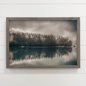 Moody Forest Print - Pines Misty Lake - Lake Landscape Canvas Art - Wood Framed