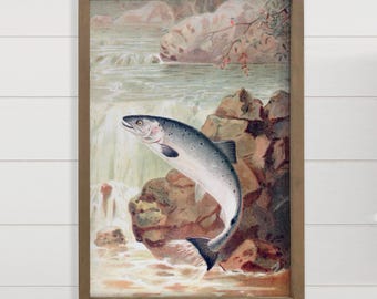 Impresión artística de pared enmarcada con pintura vintage de peces - Salto de salmón - Lienzo de peces - Decoración de pared con marco de madera