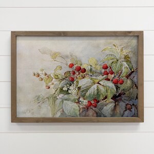 額入りヴィンテージ絵画 - ラズベリーヴィンテージ - フルーツキャンバスアート - 木製フレームウォールアート