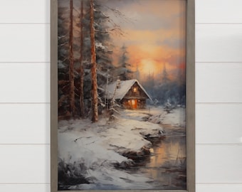 May include: A framed painting of a winter scene. The artwork shows a snow-covered forest with a small cabin, a stream, and a sunset. The cabin's windows glow with warm light, contrasting with the cool tones of the snow and trees.
