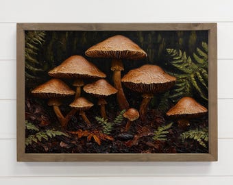 Moody Forest Vibes - Paddenstoelenfamilie - Canvas natuur natuur - Hout ingelijste muurkunst