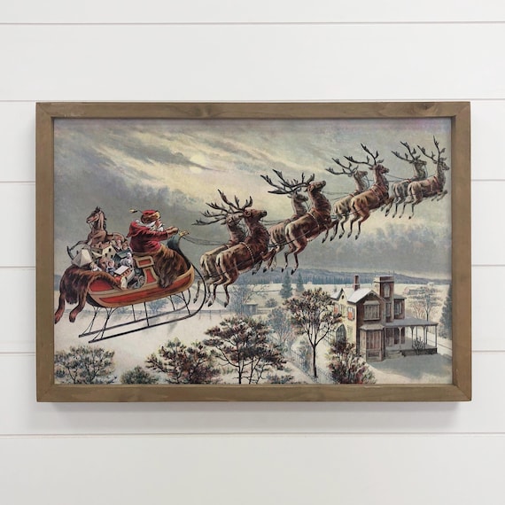 空飛ぶそりに乗ったヴィンテージサンタ - クリスマスキャンバスアート
