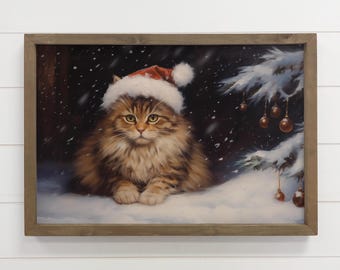 Christmas for Cat Lovers - Winter Snow Fat Cat - Winter Cat Christmas Canvas Art - Wood Framed