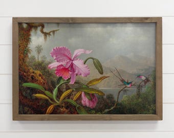 Muurkunst natuur - orchideeën kolibries - canvaskunst vogel - decor hout