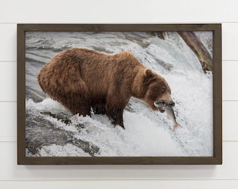 Brown Bear Fishing - Framed Wildlife Photography - Cabin Art - Wooden Sign