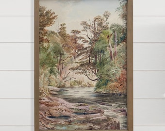Woodland River Scene Affordable Vintage Painting on Canvas Print - Landscape Canvas Art - Wood Framed