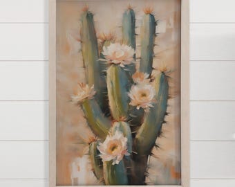 Obraz kaktusa – kwitnący saguaro na płótnie – abstrakcyjny obraz w drewnianej ramie – drewniany znak