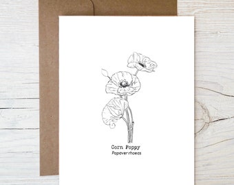 Plantable Wildflower Seed Card, Corn Poppy Sketched Image, Eco Friendly Blank Card