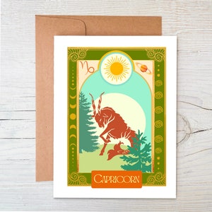 Carte d'anniversaire astrologie ~ Capricorne ~ Chèvre de montagne ~ Carte de voeux céleste ~ Carte du zodiaque ~ Intérieur vierge ~ Respectueux de l'environnement ~ Sans arbre