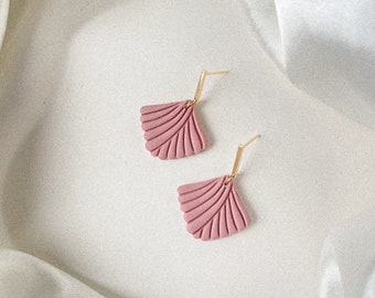 Pink fan shape polymer clay earrings