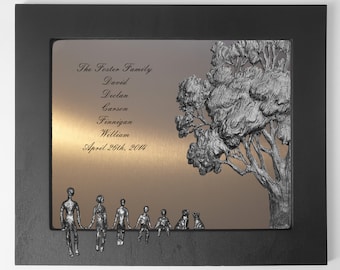 May include: A framed metal family portrait with a tree design and figures holding hands. The text reads "The Foster Family" and lists names and a date. The frame is black.