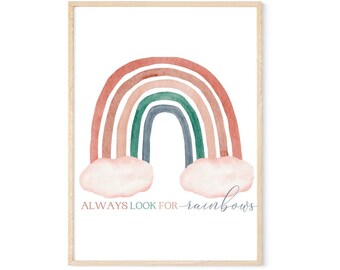 Mailed print always look for rainbows watercolor print 21x28, 18x24, 12x16 8x10 mid century modern, watercolor, nursery art