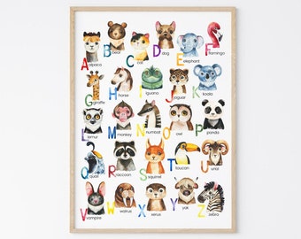 Printable Alphabet Poster with Woodland Animals for Nursery Wall Art or Classroom Decor. ABC Poster Print with ABC Animals for Kids Playroom