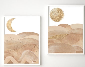 DIGITAL PRINTABLE Desert Landscape Set of 2 Sun Moon Stars Watercolor Abstract Art Mid-Century Modern Southwestern Boho Instant Download