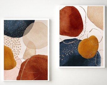 DIGITAL PRINTABLE "Terracotta & Blue" Set of 3 Watercolor Abstract Mid-Century Modern Minimalist Southwestern Trendy Art Instant Download
