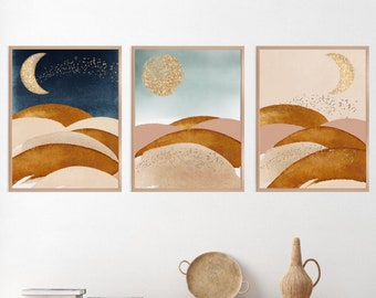 DIGITAL PRINTABLE "Desert Landscape" Set of 3 Sun Moon Stars Watercolor Abstract Art Mid-Century Modern Southwestern Boho Instant Download