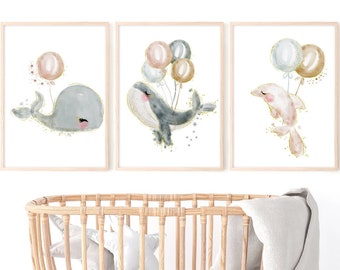 Mailed print "whale" nursery art set of 3 sea animals watercolor print 21x28, 18x24, 12x16 mid century modern baby shower gift baby boy girl