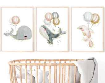 Whale nursery baby sea animals set of 3 watercolor PRINTABLE art nursery wall baby shower gift baby boy girl nursery 18x24, 11x14, 8x10, 5x7