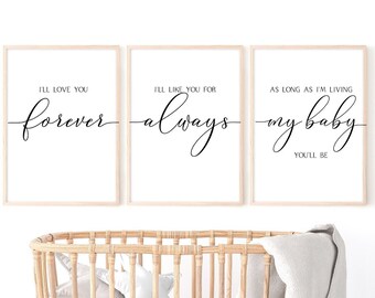 DIGITAL DOWNLOAD I'll Love You Forever, I'll Like You For Always Set of 3 Nursery Kids Room Wall Watercolor, Trendy Art