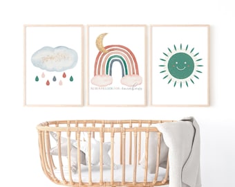 MAILED PRINT sun, rainbow, cloud art set, 3 pc collage set 21x28, 18x24, 12x16 8x10 modern watercolor nursery baby gift rainbow baby