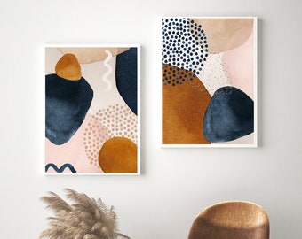 DIGITAL PRINTABLE "Camel & Blue" Set of 2 Watercolor Abstract Mid-Century Modern Minimalist Southwestern Trendy Art Boho Instant Download