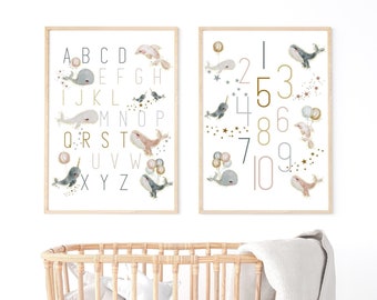MAILED PRINT Set of 2 Beluga Whale Watercolor Alphabet ABC 123 Poster for Teacher or Kid Wall Art. Watercolor Letters & Numbers Chart