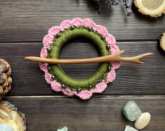 Pasador de rastas con flor rosa: pinza bohemia de madera natural, EE. UU. con DDP