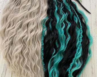 Black Turquoise Blonde Split Dreadcurls | Brushable Synthetic Wavy Dreads | 20" Reusable Full Set Extensions