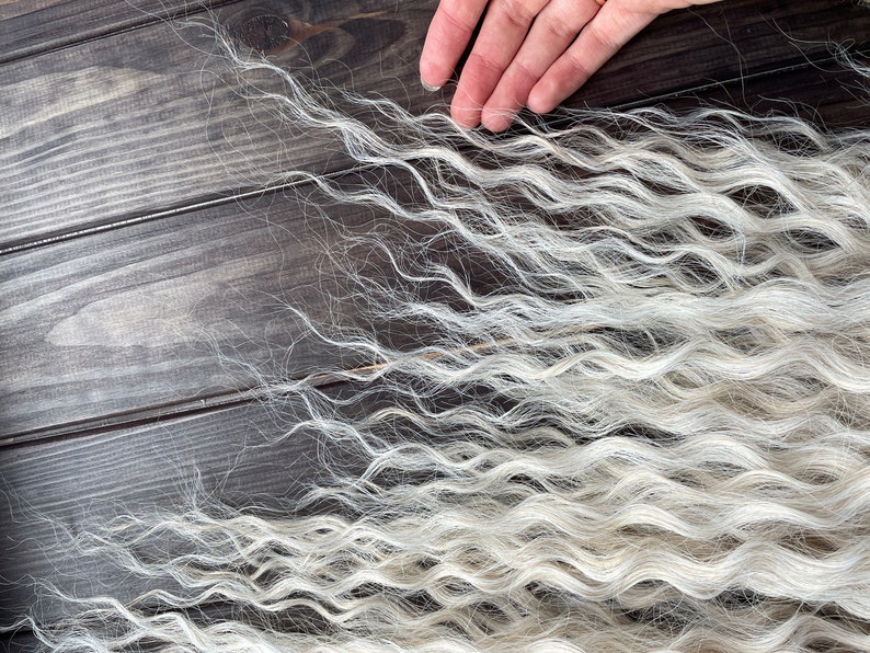 May include: A close-up of long, wavy, white hair on a dark wood background.