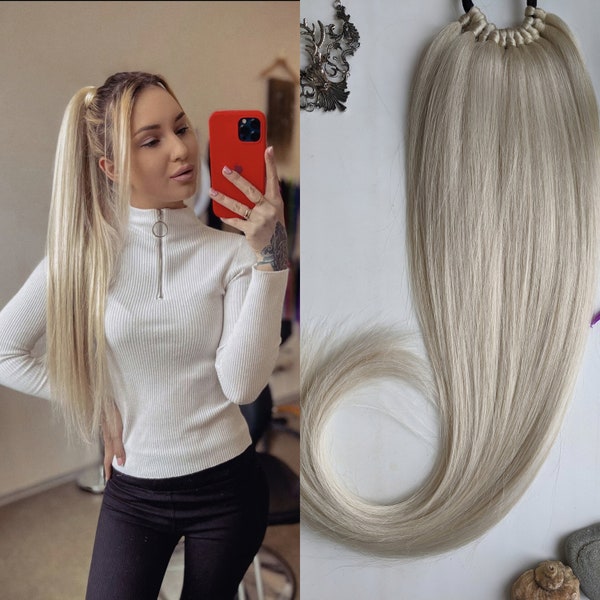 Blonde ponytail extension Blond tail on a rubber band Hair on elastic band Long ponytail Synthetic hair ash blonde Synthetic extension