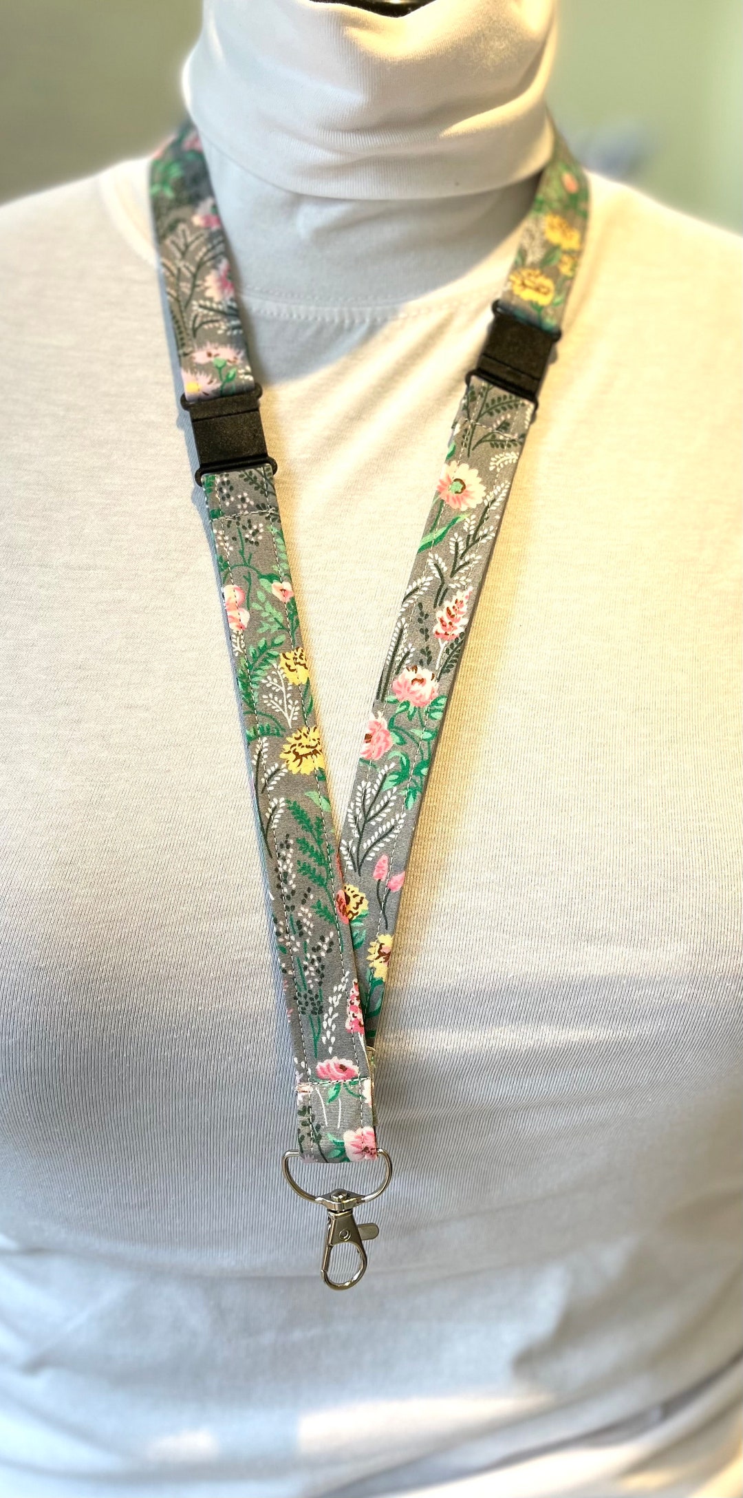Grey Floral: Breakaway Lanyard, Safety Lanyard, ID Badge Lanyard, Fabric Lanyard, Key Lanyard ...