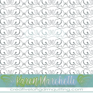 May include: Black and white line art pattern of elephants with a wavy line design. The pattern is repeated throughout the image. The text "Karen Marchetti" and "creativelongarmquilting.com" is at the bottom of the image.