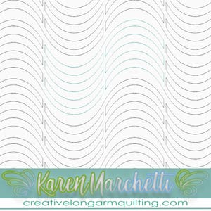 Könnte beinhalten: Ein weißer Hintergrund mit einem sich wiederholenden Muster aus gebogenen Linien und rechteckigen Formen. Die Linien erzeugen ein wellenartiges Design. Der Text "Karen Marchetti" und "creativelongarmquilting.com" befindet sich am unteren Bildrand.