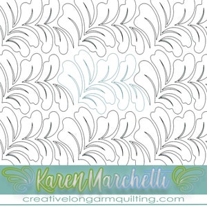 Puede incluir: Diseño de acolchado en blanco y negro con un motivo de plumas repetido. El diseño incluye el texto "Karen Marchetti" y "creativelongarmquilting.com" en una pancarta verde y blanca en la parte inferior. Ideal para proyectos de acolchado.
