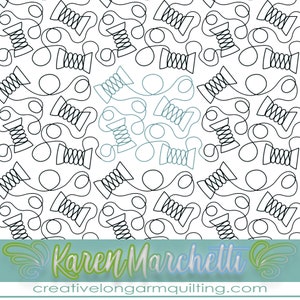 May include: Black and white line drawing pattern of spools of thread with loops of thread. The pattern is repeated throughout the image. The text "Karen Marchetti" and "creativelongarmquilting.com" is at the bottom of the image.