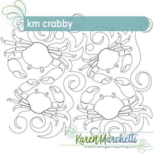 May include: Black and white line drawing of four crabs with swirling wave-like patterns. The text "km crabby" is in a teal banner at the top. The artist's name, Karen Marchetti, is at the bottom.