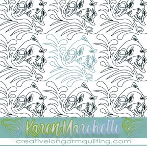 Puede incluir: Patrón de arte de línea en blanco y negro con dos salmones saltando fuera del agua. El patrón se repite en toda la imagen. El texto "Karen Marchetti" y "creativelongarmquilting.com" está en la parte inferior de la imagen.