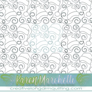 May include: A black and white digital illustration of a repeating pattern of Santa hats with swirls. The text "Karen Marchetti" and "creativelongarmquilting.com" is at the bottom of the image.