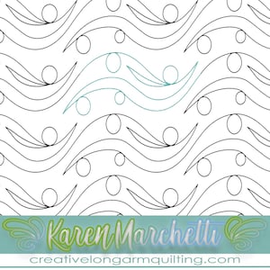 May include: A repeating pattern of black curved lines and circles on a white background. A section of the pattern is highlighted in a teal color. The image includes the text "Karen Marchetti" and "creativelongarmquilting.com".