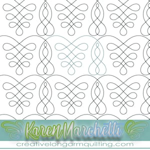 Könnte beinhalten: Ein schwarz-weißes Quiltmuster mit einem sich wiederholenden Muster aus ineinandergreifenden Schleifen und Wirbeln. Das Muster heißt "Karen Marchetti" und die Website "creativelongarmquilting.com" ist am unteren Rand des Bildes zu sehen.