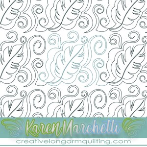 May include: A black and white digital illustration of a repeating pattern of stylized leaves and swirls. The leaves are outlined in black and have a feathery texture. The swirls are also outlined in black and are arranged in a random pattern. The background is white.