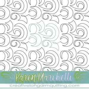 Könnte beinhalten: Schwarzweißes Quiltmuster mit einem sich wiederholenden Muster aus Wirbeln und Kurven. Das Muster ist auf weißem Hintergrund. Der Text "Karen Marchetti" und "creativelongarmquilting.com" befindet sich am unteren Rand des Bildes.