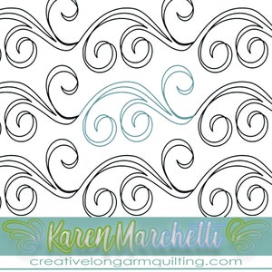 Könnte beinhalten: Schwarzweißes Linienmuster aus wirbelnden Wellen mit einer blauen Version des Musters in der Mitte. Das Muster wiederholt sich über das gesamte Bild. Der Text "Karen Marchetti" und "creativelongarmquilting.com" befindet sich am unteren Rand des Bildes.