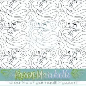 May include: Black and white line art pattern of a surfer riding a wave. The pattern is repeated throughout the image. The text "Karen Marchetti" and "creativelongarmquilting.com" is at the bottom of the image.