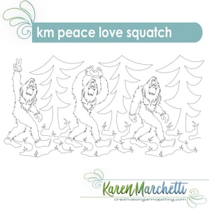 May include: Line art illustration featuring three Bigfoot figures in a forest setting. One figure makes a peace sign, another forms a heart with its hands, and the third walks forward. The text "km peace love squatch" is at the top.